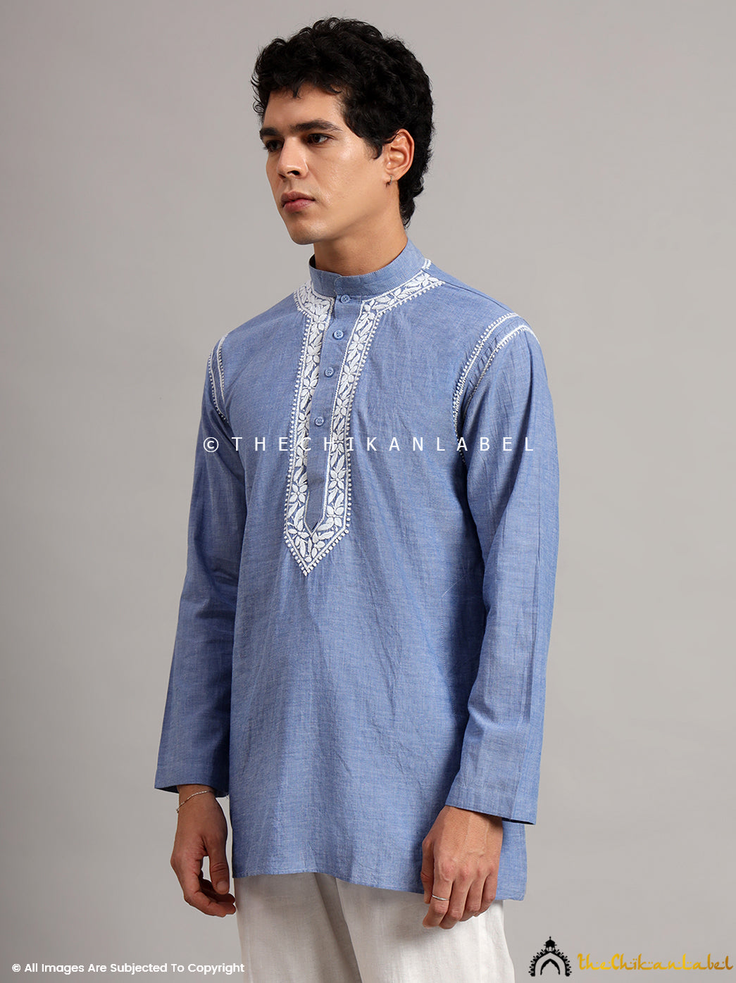 Denim Cotton Mens Kurta Lucknawi Chikankari Handmade