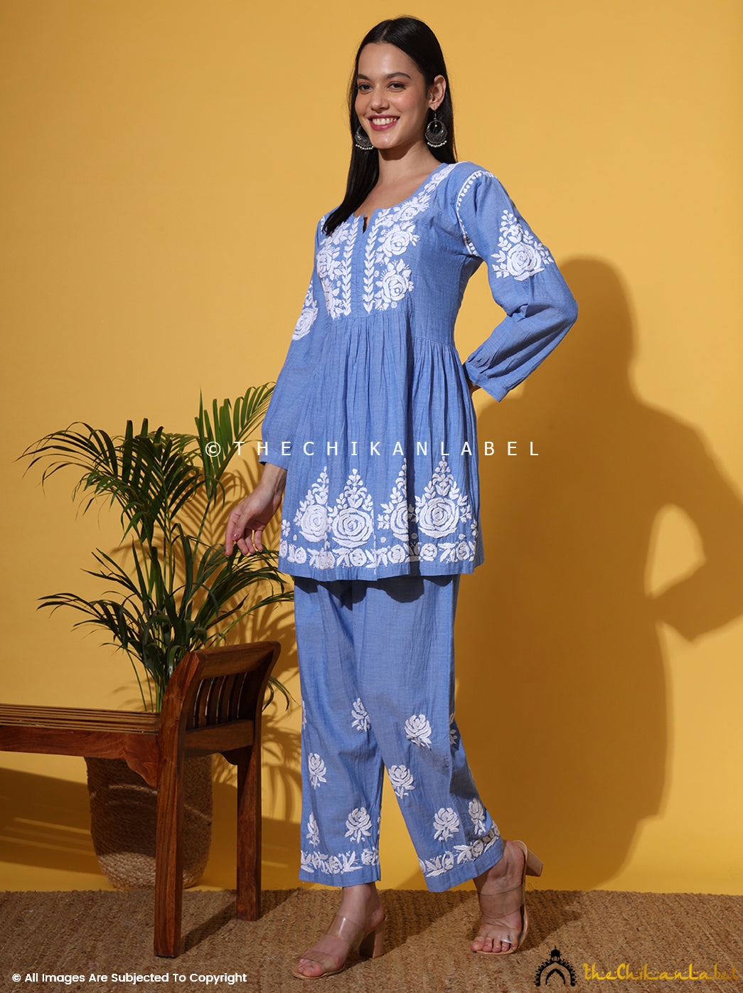 Blue Laiba Denim Chikankari Short Kurta Set