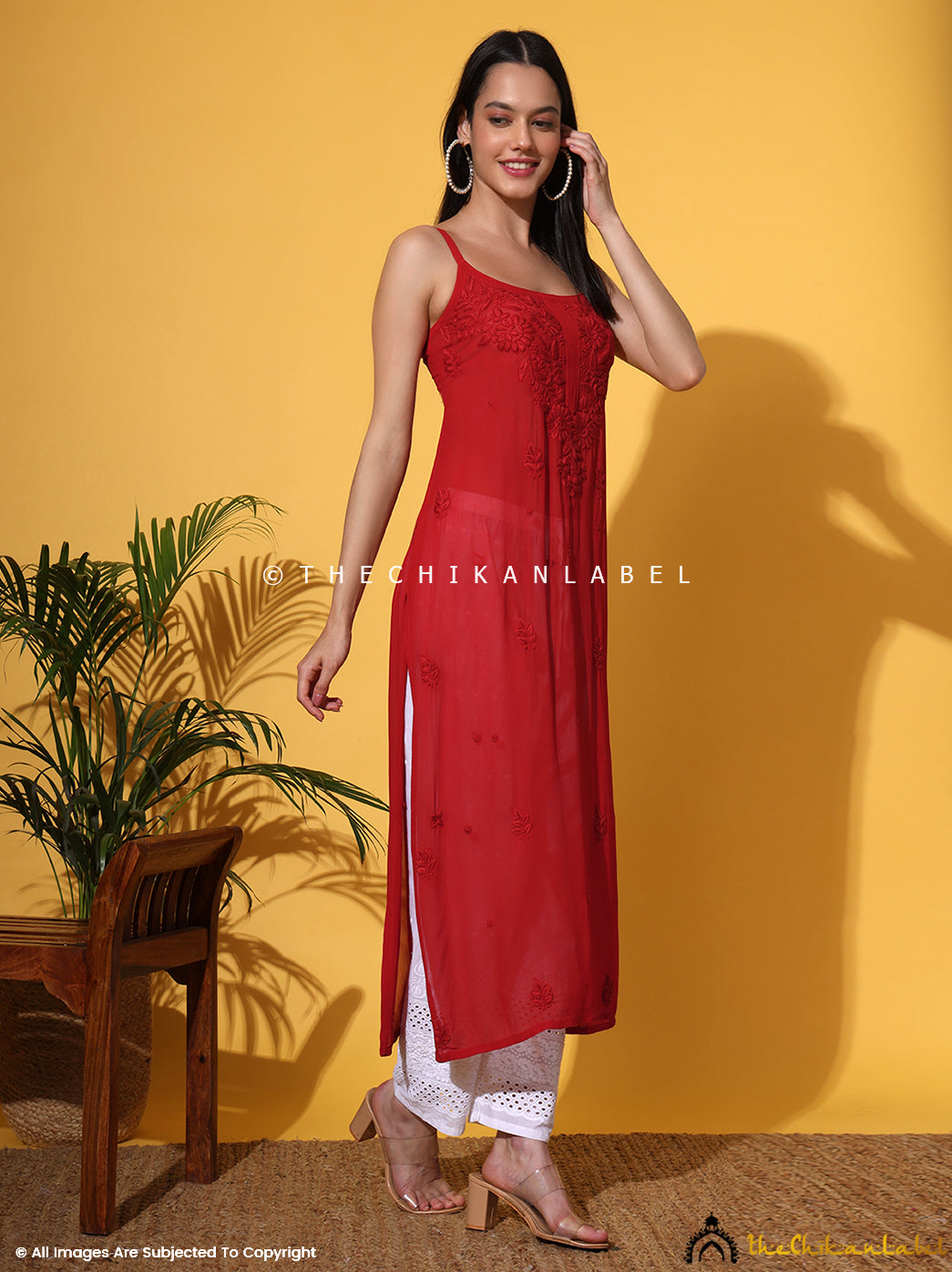 Red Lehza Viscose Chikankari Strappy Kurta