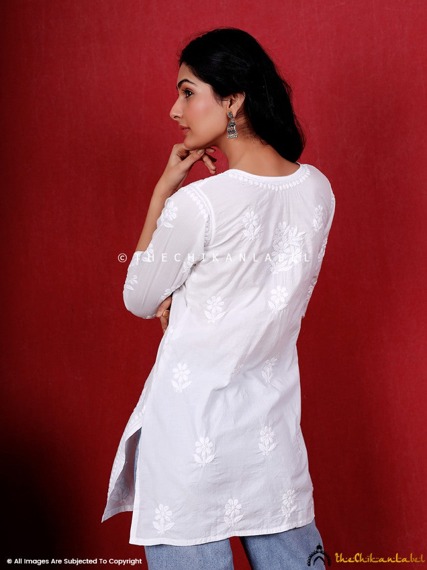 White Meera Cotton Chikankari Short Kurti