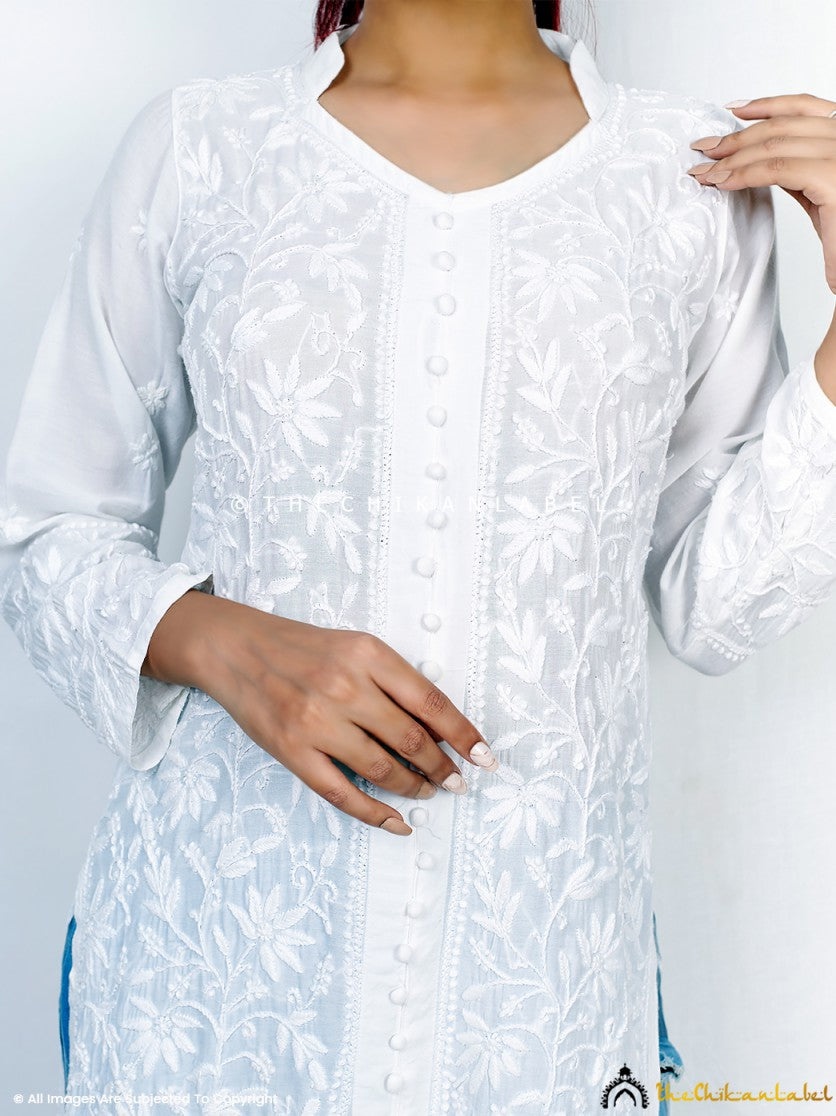 White Kaira Muslin Chikankari Straight Kurti