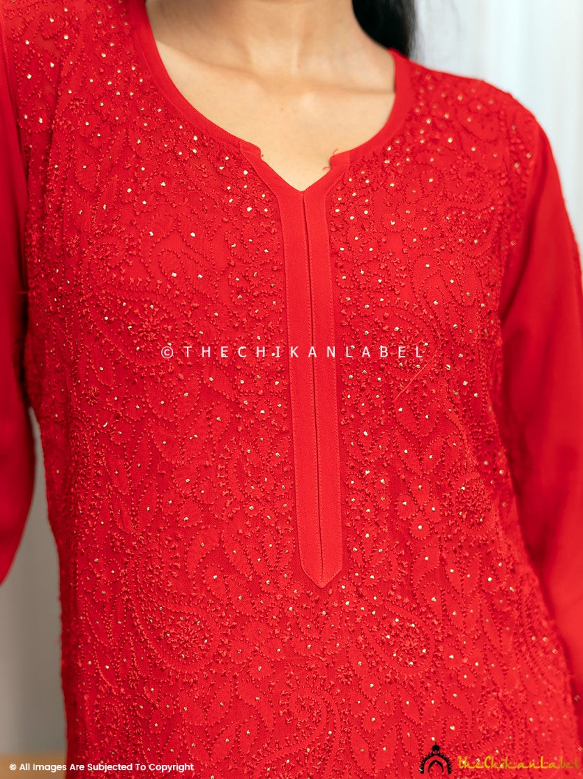 Rakul Preet Red Viscose Chikankari Straight Kurti