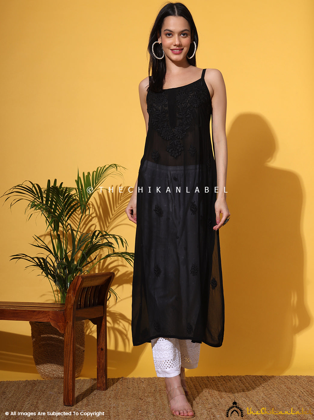 Black Lehza Viscose Chikankari Strappy Kurta