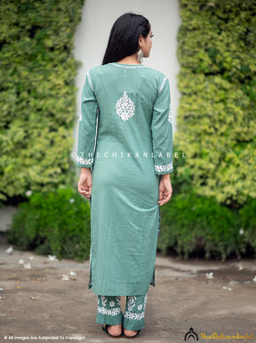 Green Ezna Modal Chikankari Kurti Pant Set