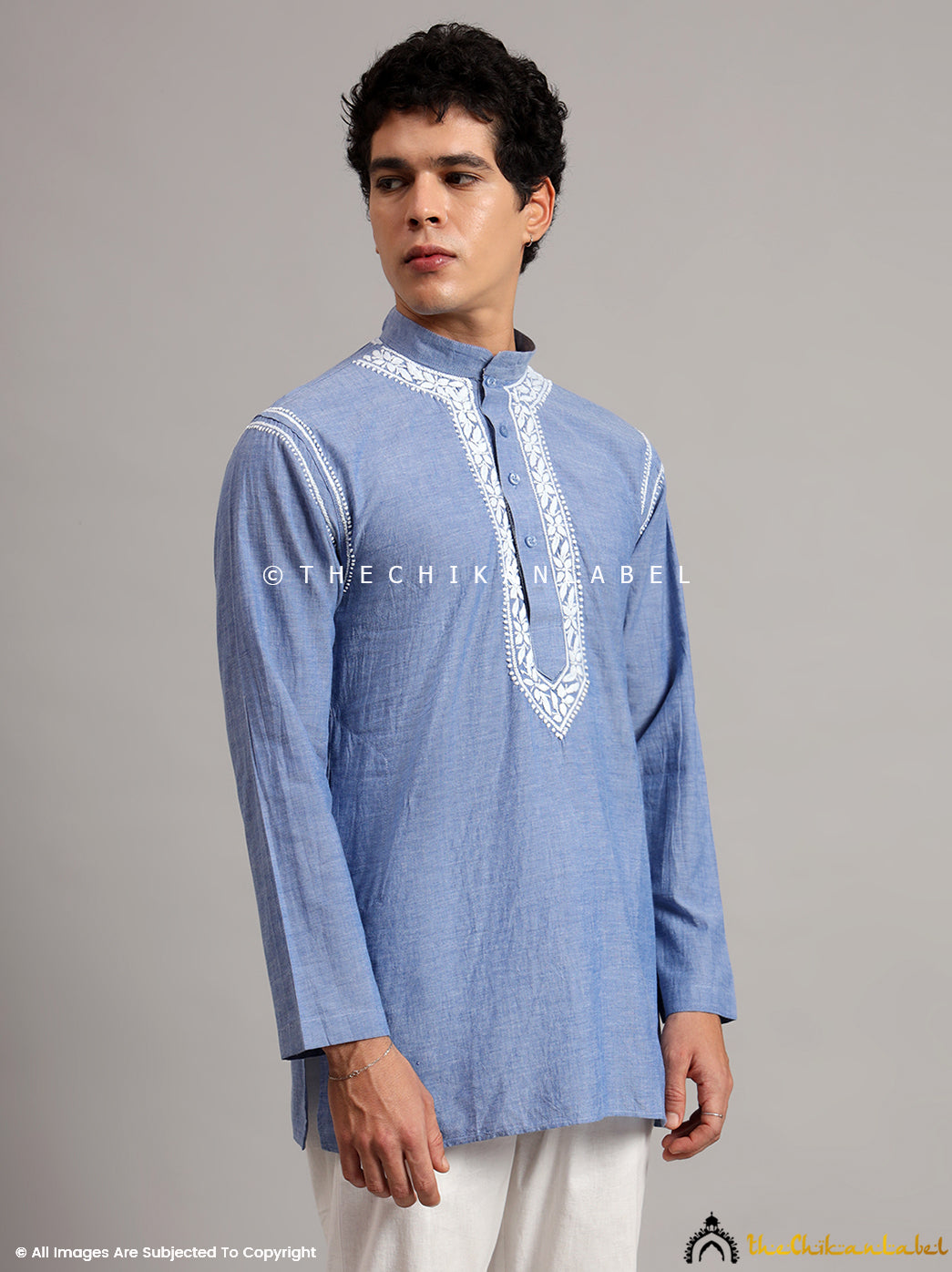 Denim Cotton Mens Kurta Lucknawi Chikankari Handmade