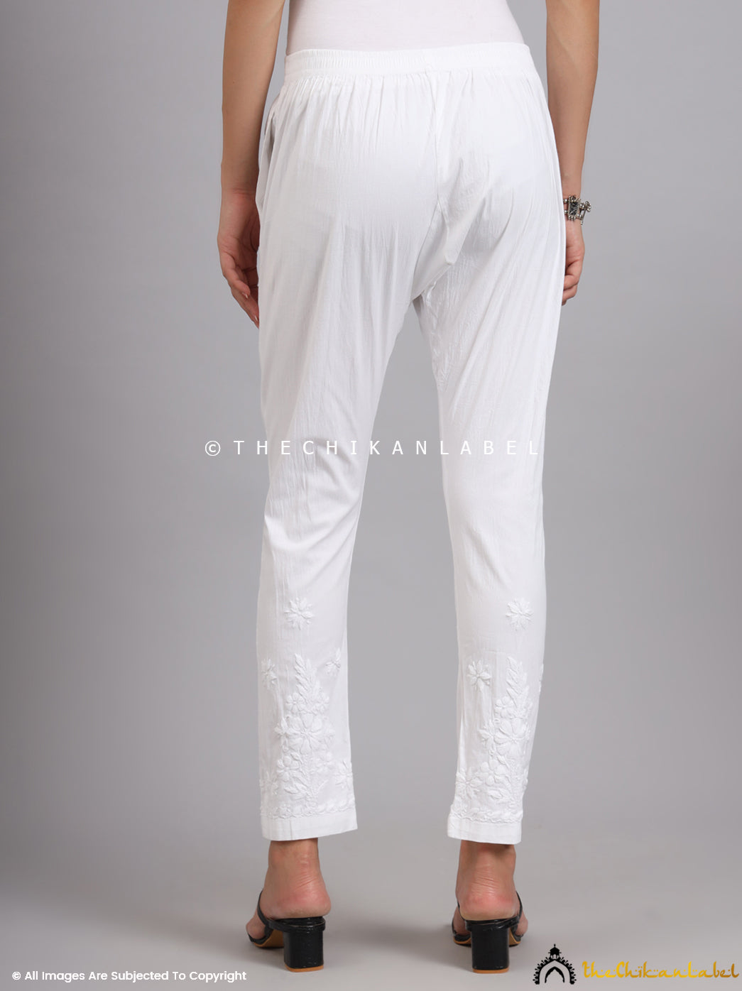 White Lekha Lycra Straight Chikankari Cigarette Pant