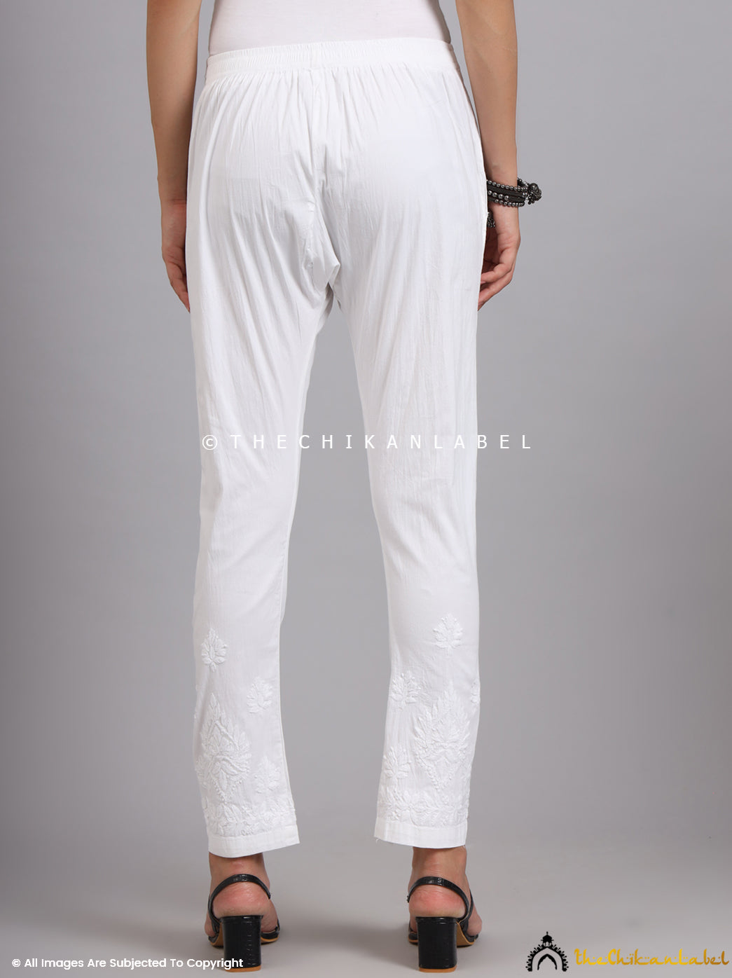 White Omya Lycra Straight Chikankari Cigarette Pant