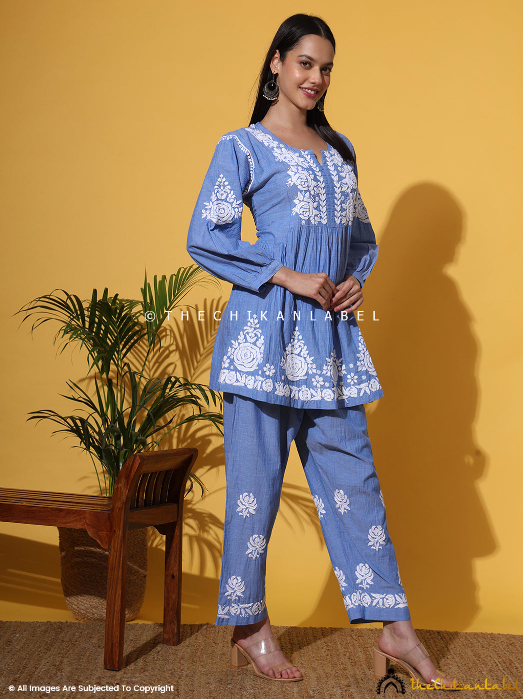 Blue Laiba Denim Chikankari Short Kurta Set