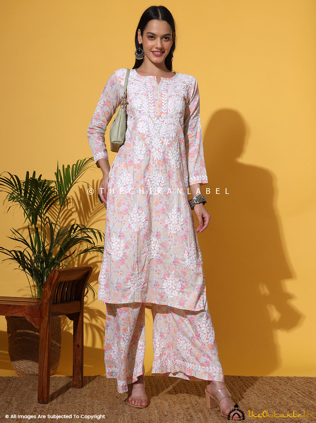 Peach Meher Mulmul Cotton Chikankari Kurta Set