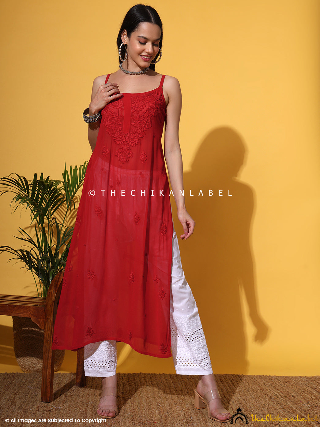 Red Lehza Viscose Chikankari Strappy Kurta