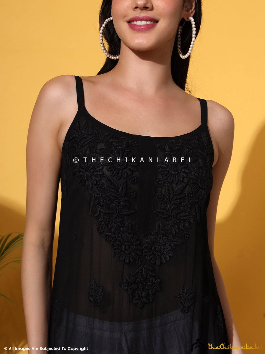 Black Lehza Viscose Chikankari Strappy Kurta