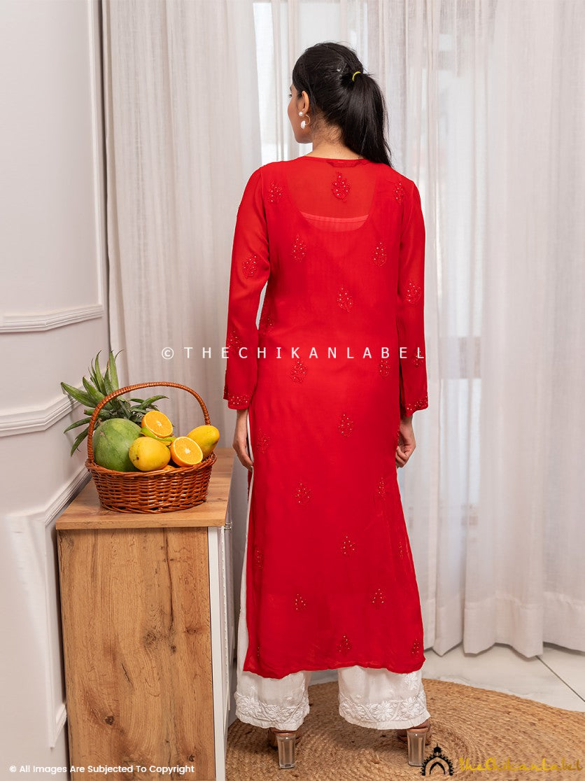 Rakul Preet Red Viscose Chikankari Straight Kurti