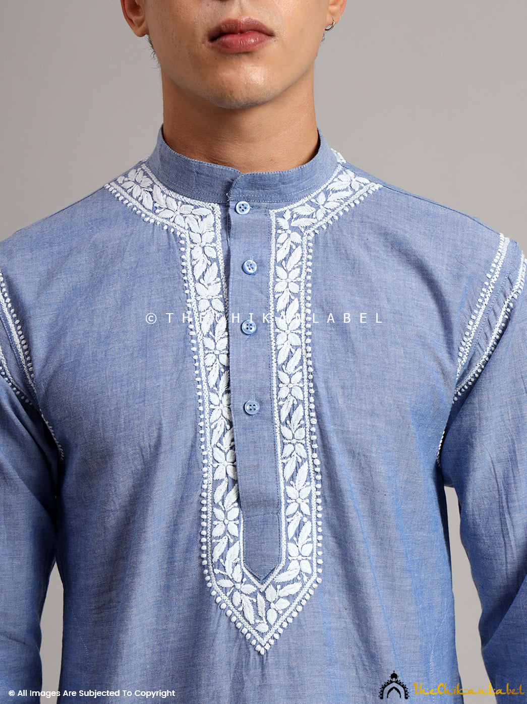 Denim Cotton Mens Kurta Lucknawi Chikankari Handmade