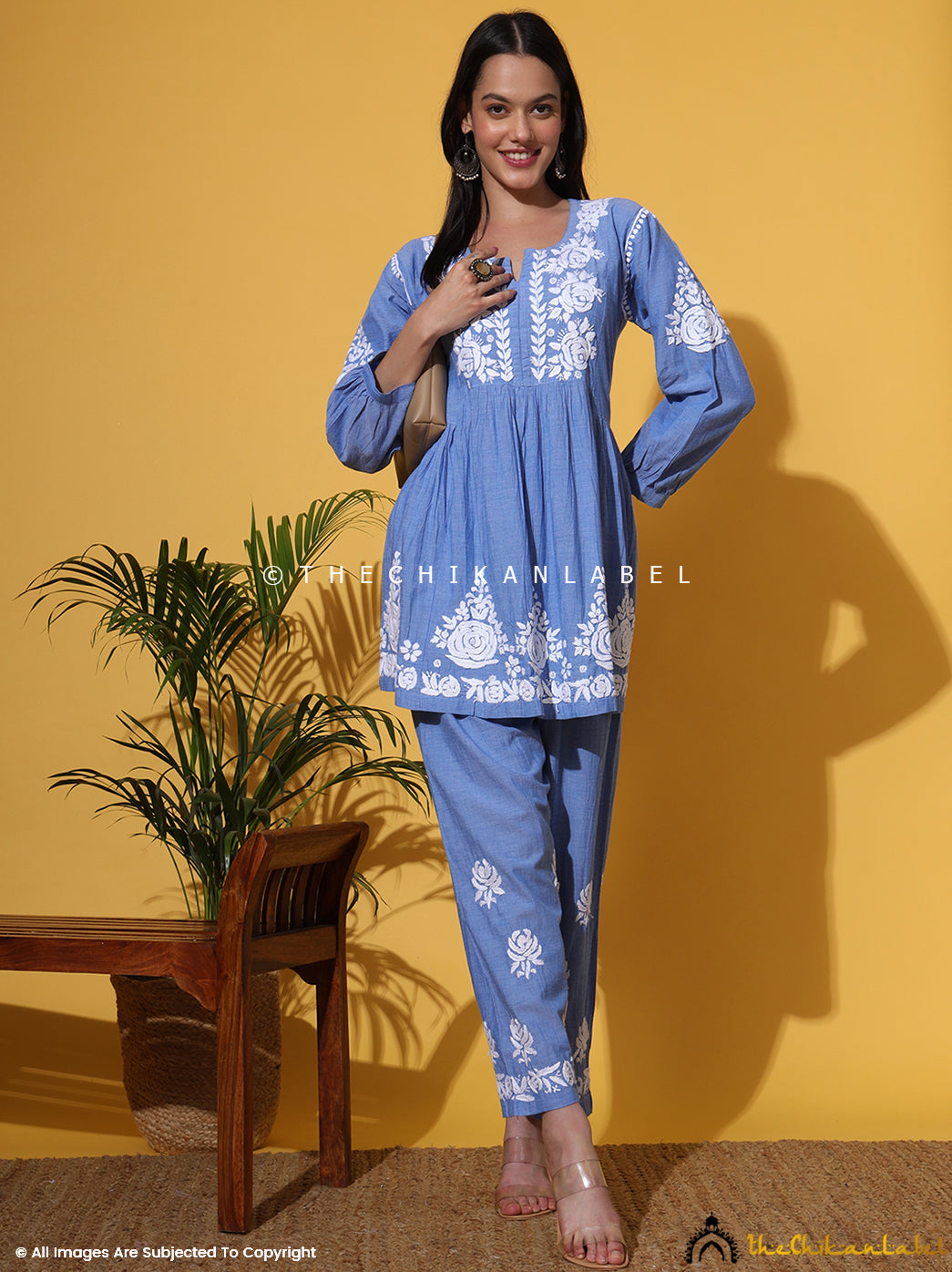 Blue Laiba Denim Chikankari Short Kurta Set