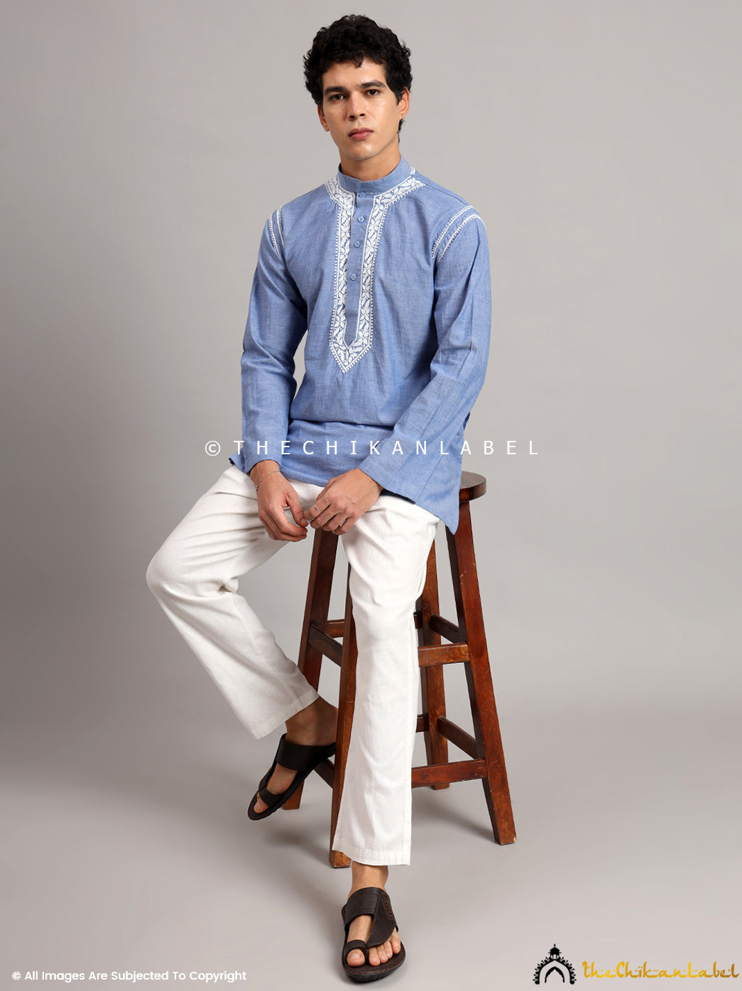 Denim Cotton Mens Kurta Lucknawi Chikankari Handmade