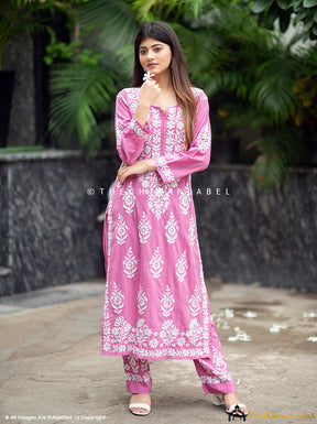 Onion Pink Ezna Modal Chikankari Kurti Pant Set