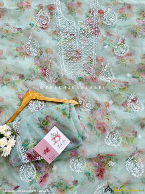 Sea Green Ahyana Un-stitched Printed Organza Chikankari Suit