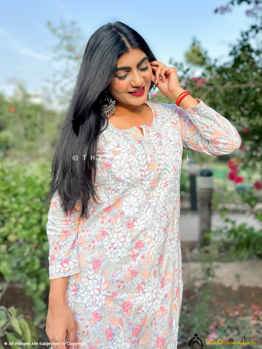 Peach Meher Mulmul Cotton Chikankari Kurta Set