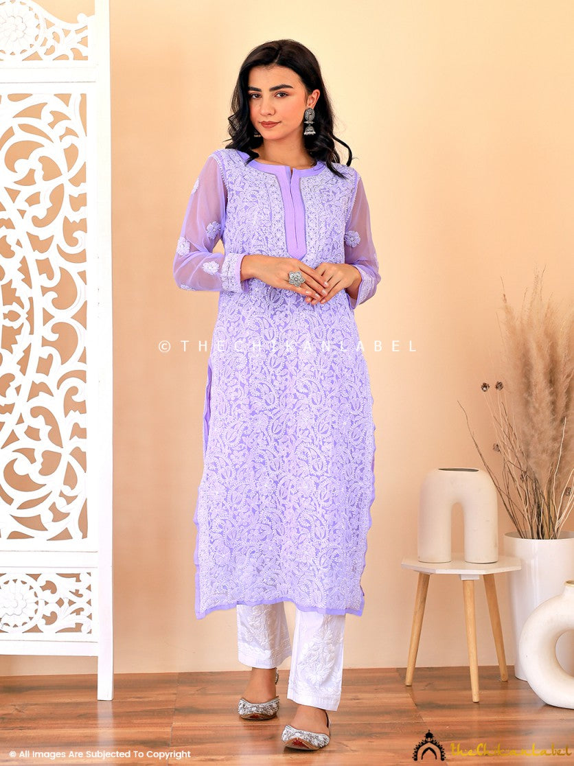 Lavender Naaz Georgette Chikankari Straight Kurti