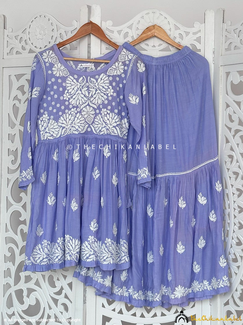Lavender Chanderi Chikankari Kurti Garara Set ,Chikankari Kurti Garara Set in Chanderi Fabric For Woman