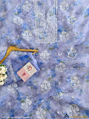 Lavender Ahyana Un-stitched Printed Organza Chikankari Suit