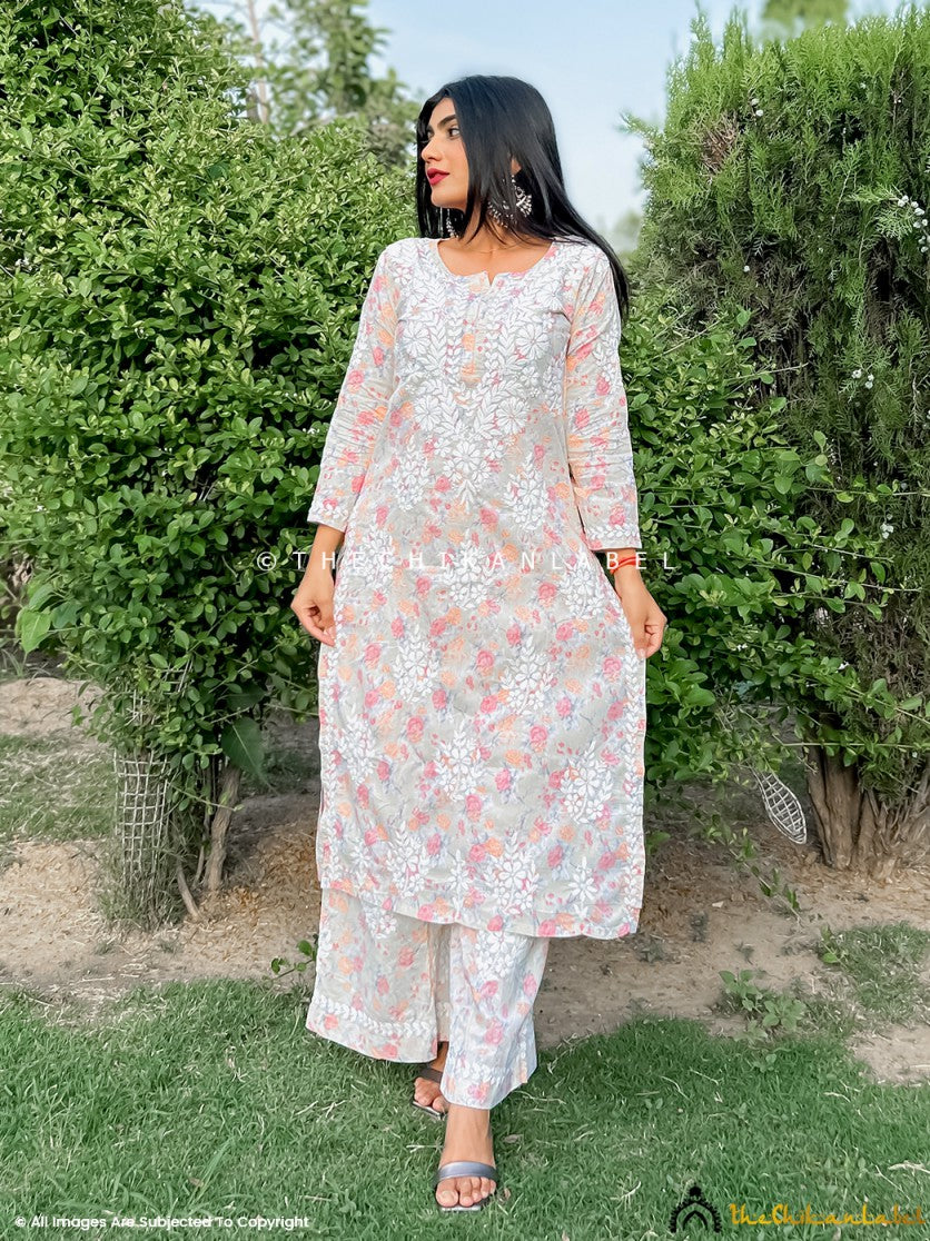 Peach Meher Mulmul Cotton Chikankari Kurta Set