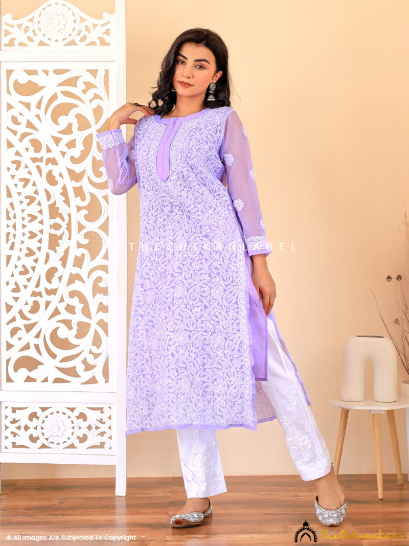 Lavender Naaz Georgette Chikankari Straight Kurti