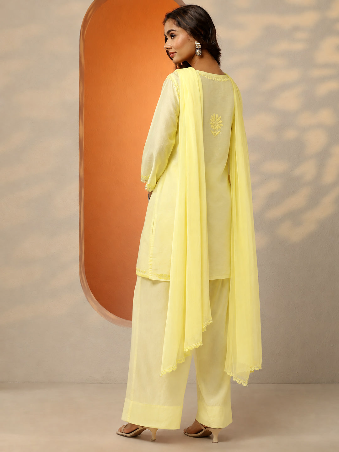 Kashvi Chanderi Chikankari Kurta Farshi Salwar Set with Dupatta - Yellow