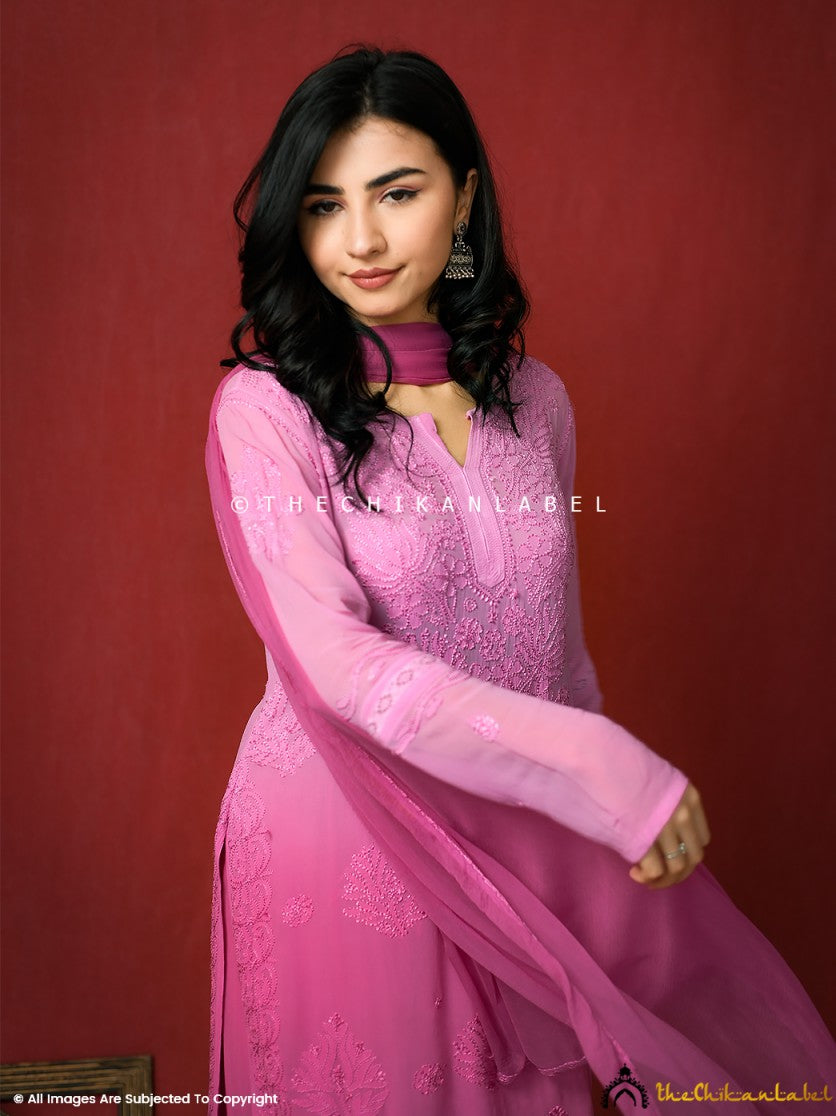 Pink Giva Viscose Chikankari Kurti Garara Set with Dupatta