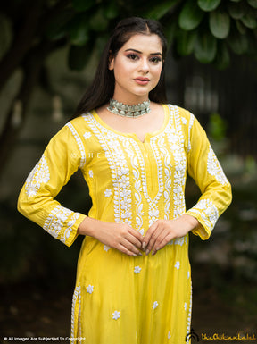 Yellow Amara Muslin Chikankari Straight Kurti
