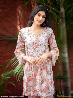 Peach Tarz Mulmul Cotton Chikankari Kurti Garara Set