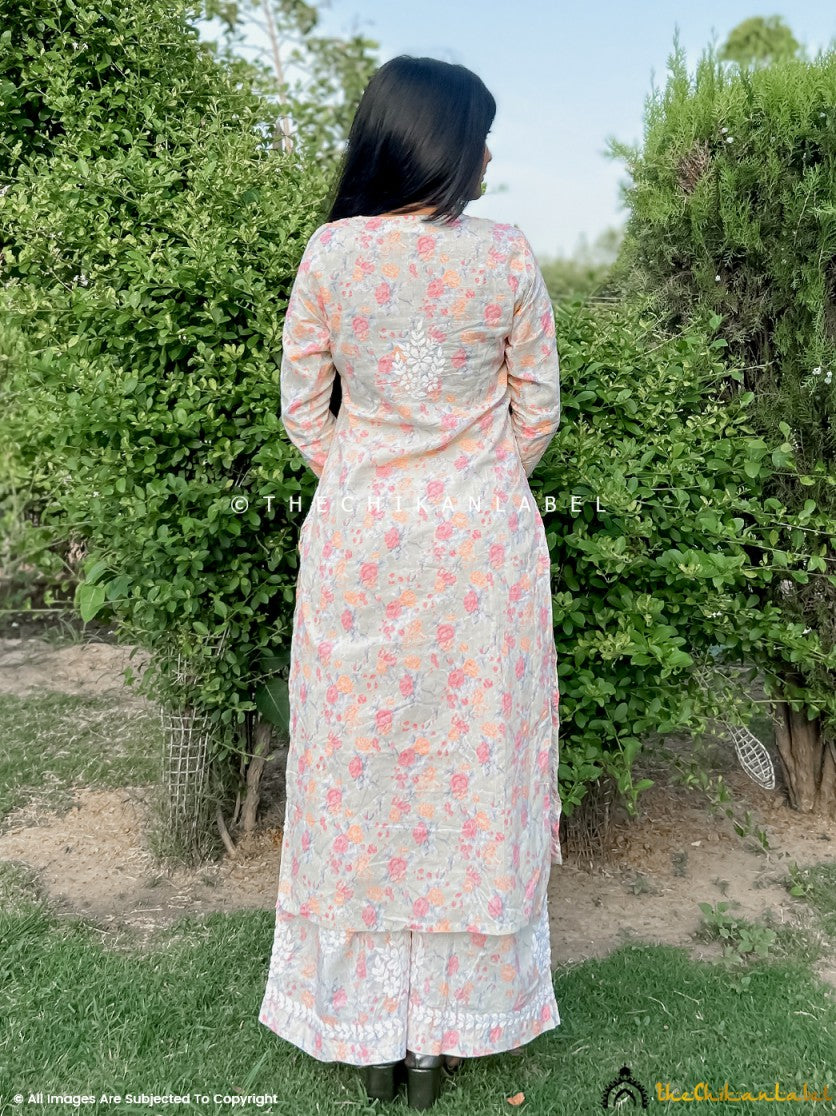 Peach Meher Mulmul Cotton Chikankari Kurta Set