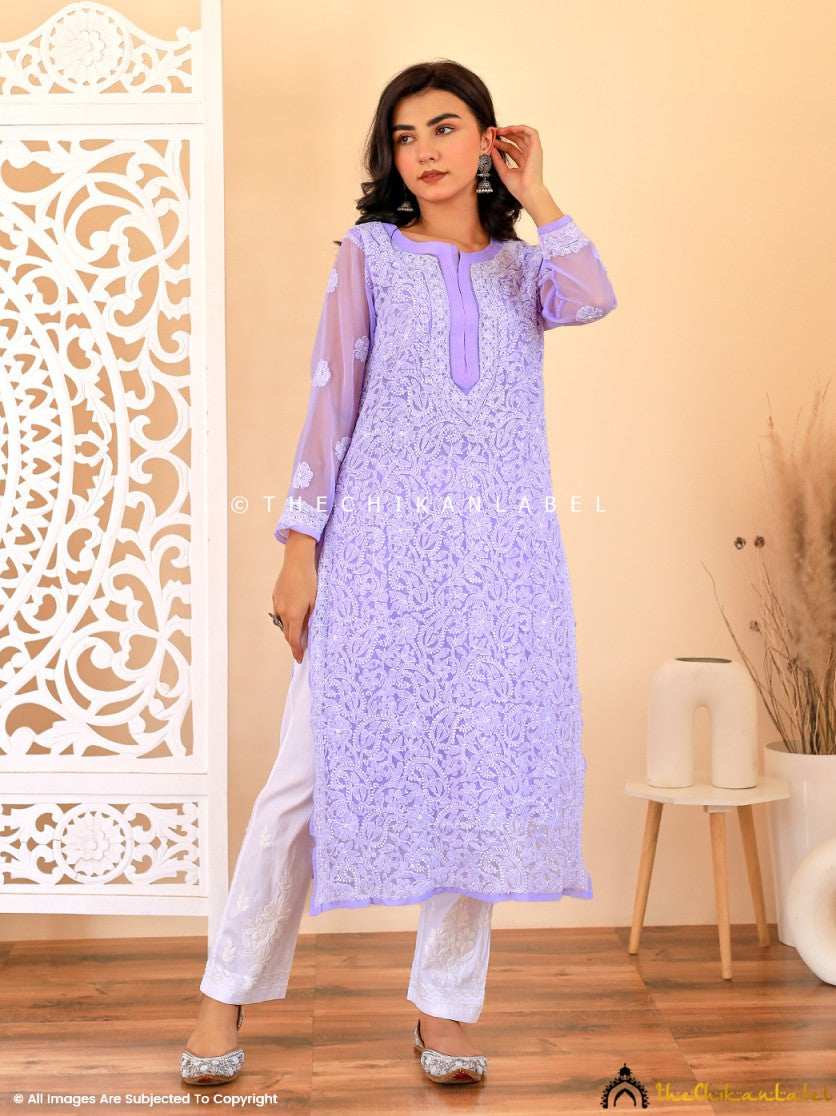 Lavender Naaz Georgette Chikankari Straight Kurti