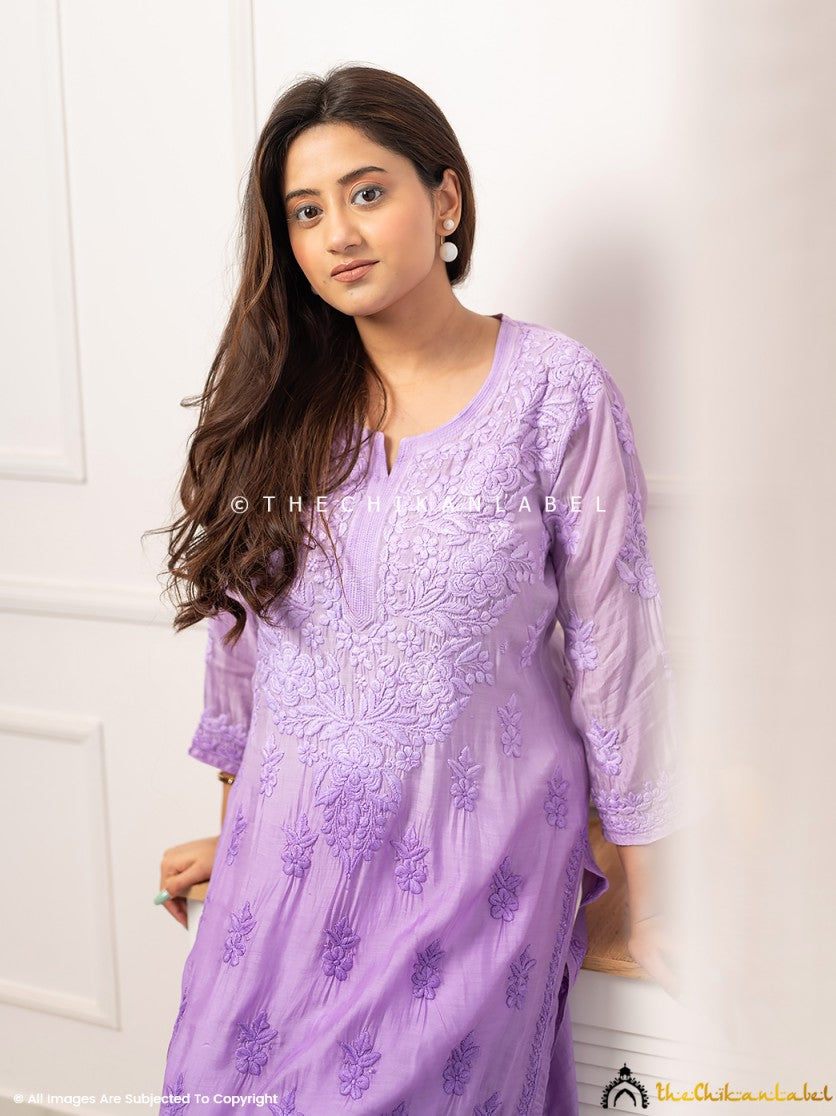 Lavender Asmeet Muslin Chikankari Straight Kurti