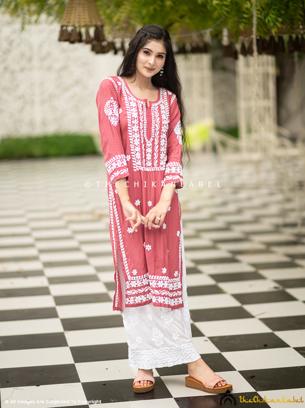 Coral Chikankari Straight Kurti in Muslin Fabric for Women, Buy Lucknow Chikankari Straight Kurtis Online at Best Prices