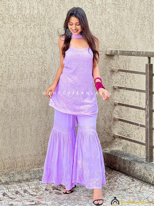 Aparna Dixit Lavender Jia Viscose Chikankari Strappy Kurta Set