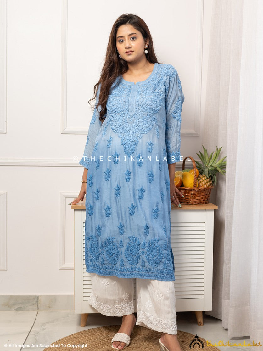 Powder Blue Asmeet Muslin Chikankari Straight Kurti