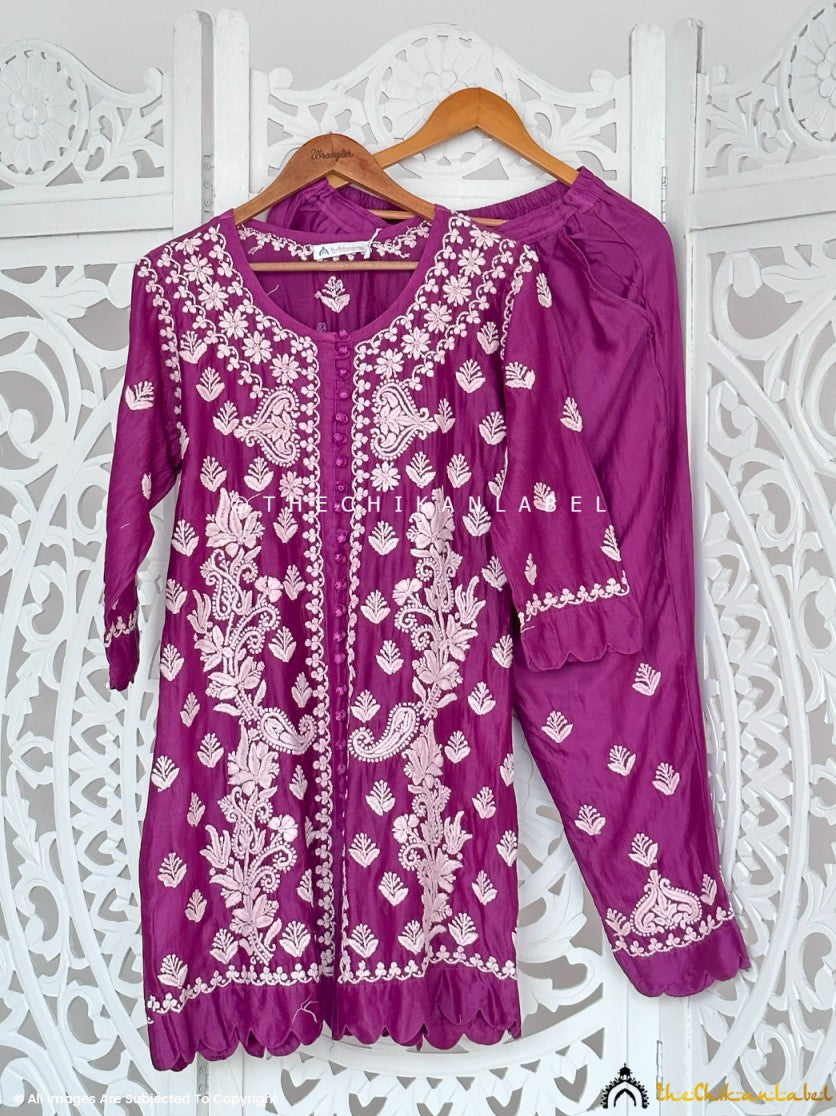Purple Chanderi Chikankari Kurti Pant Set ,Chikankari Kurti Pant Set in Chanderi Fabric For woman