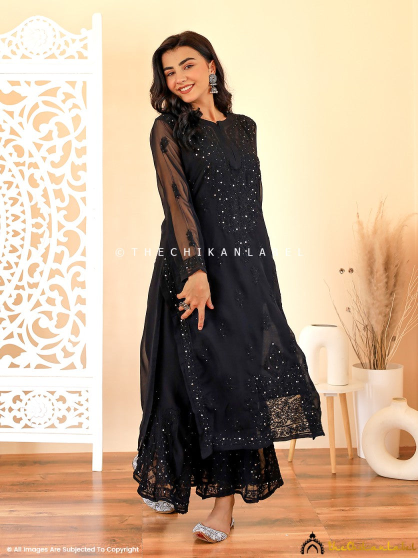 Black Zainab Georgette Chikankari Kurta Sharara Set
