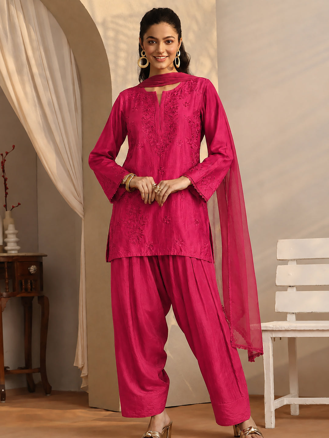 Kashvi Chanderi Chikankari Kurta Farshi Salwar Set with Dupatta - Hot Pink