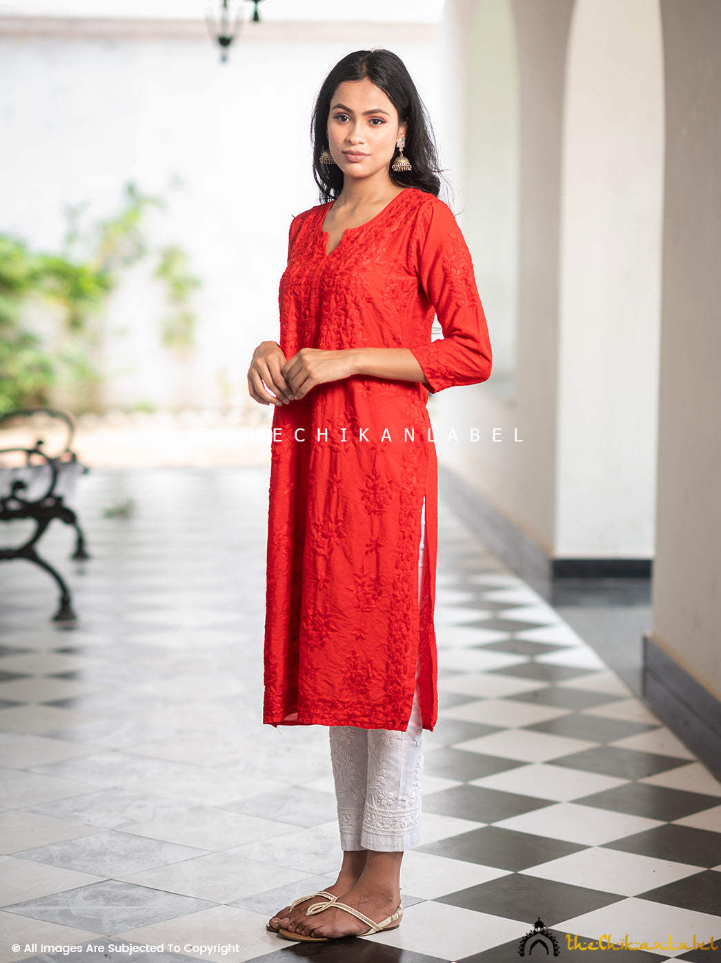 Red Iyada Chanderi Chikankari Straight Kurti ,Chikankari Straight Kurti in Chanderi Fabric For Woman