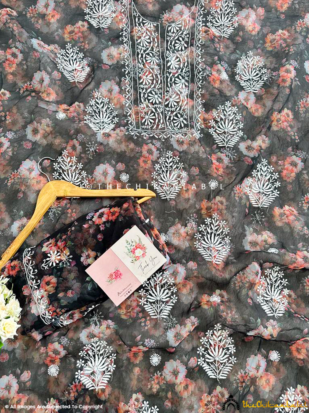 Black Ahyana Un-stitched Printed Organza Chikankari Suit