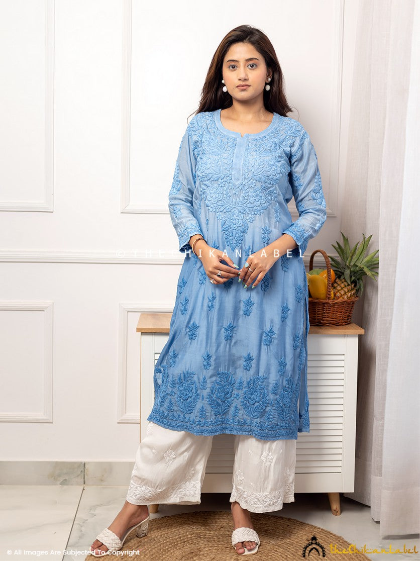 Powder Blue Asmeet Muslin Chikankari Straight Kurti