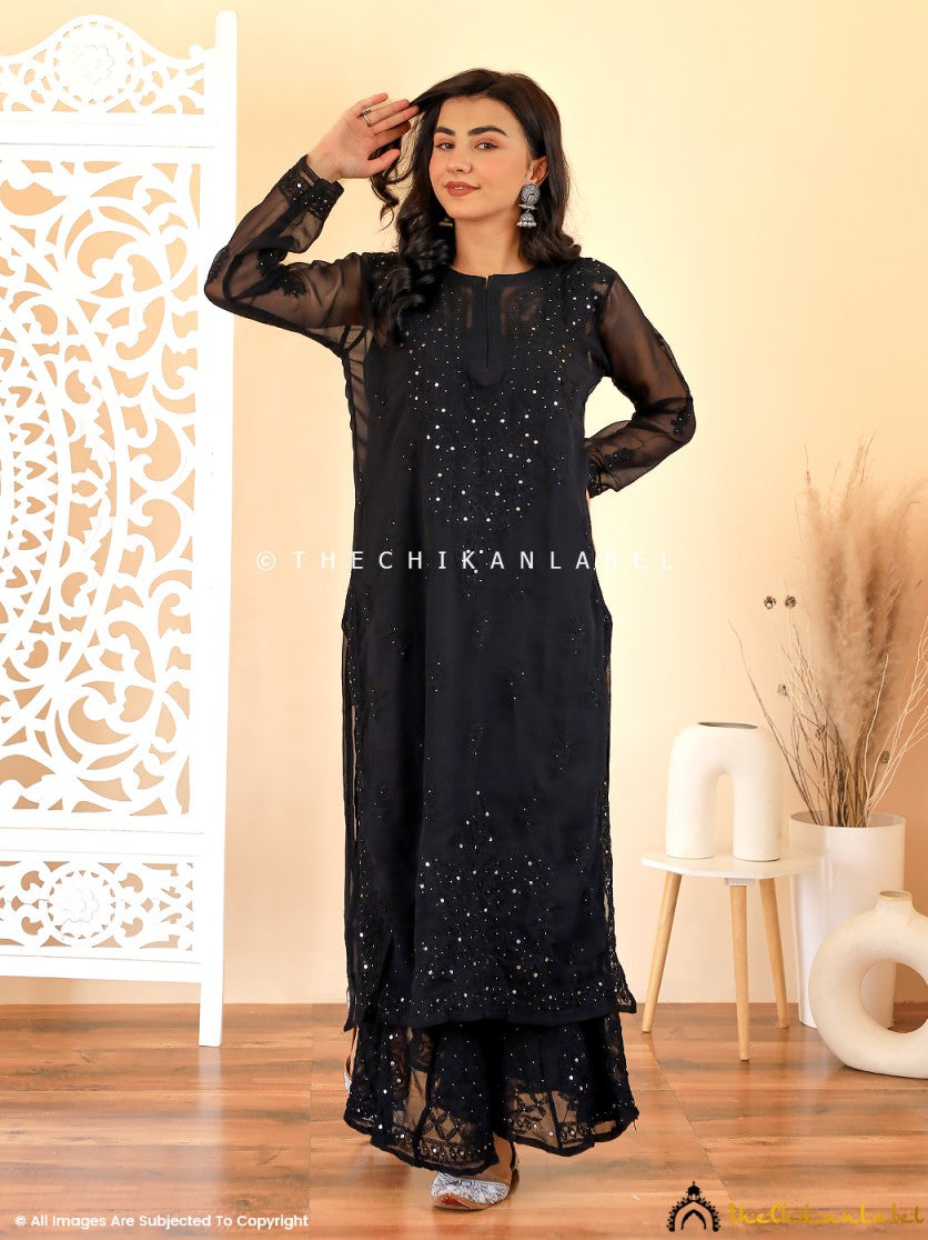 Black Zainab Georgette Chikankari Kurta Sharara Set