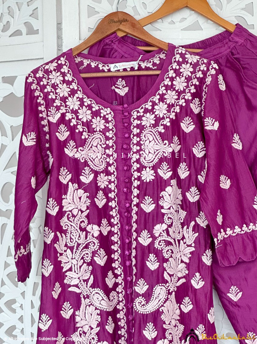 Purple Chanderi Chikankari Kurti Pant Set