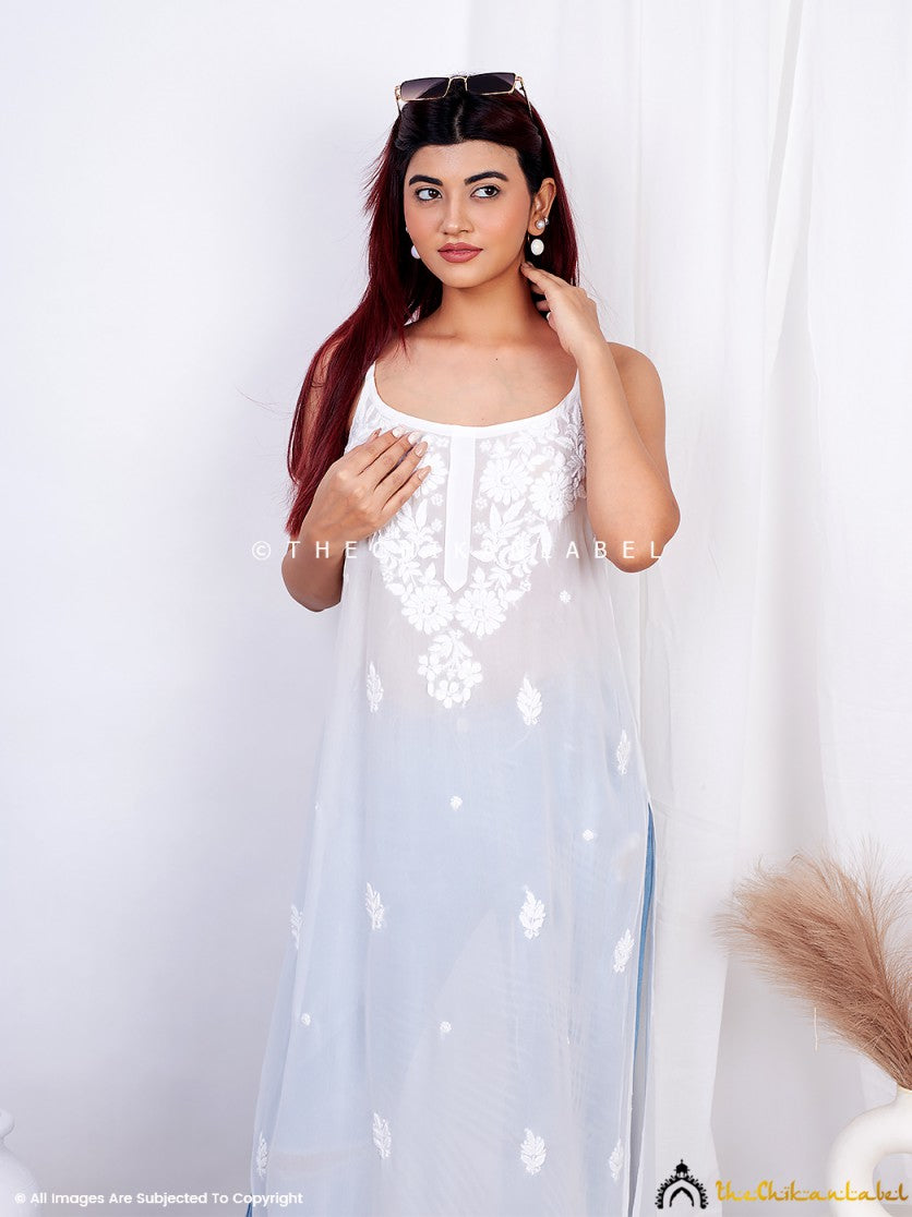 White Lehza Viscose Chikankari Strappy Kurta