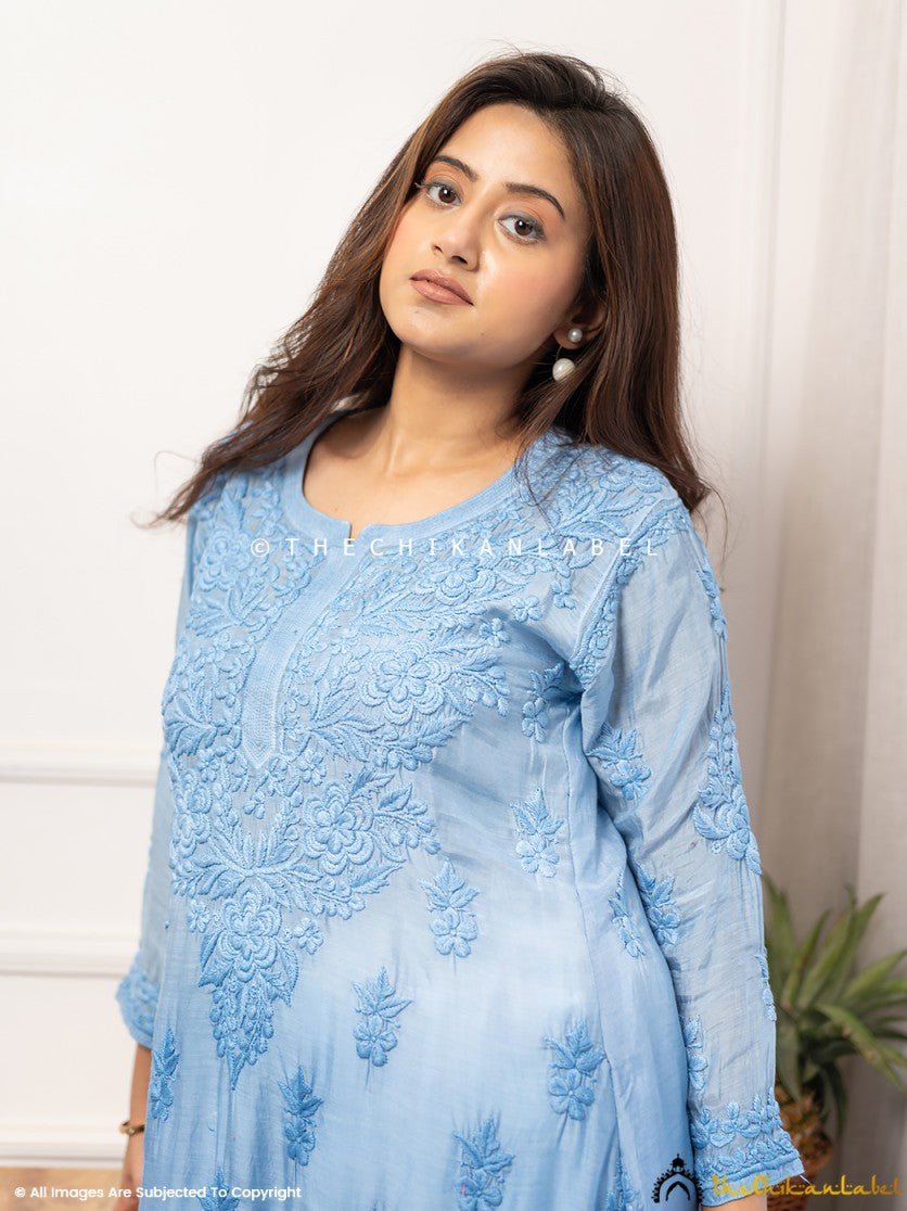 Powder Blue Asmeet Muslin Chikankari Straight Kurti