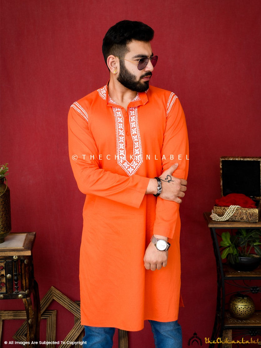 Orange Uman Cotton Chikankari Men's Kurta ,Chikankari Men's Kurta in Cotton Fabric For woman