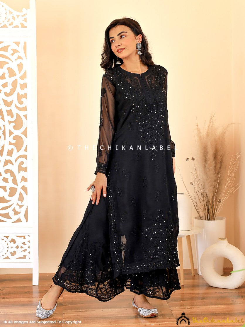Black Zainab Georgette Chikankari Kurta Sharara Set