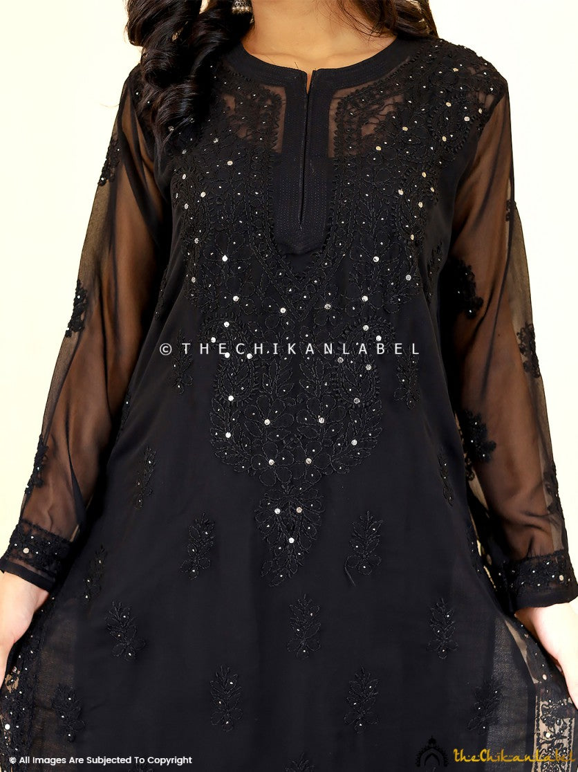Black Zainab Georgette Chikankari Kurta Sharara Set